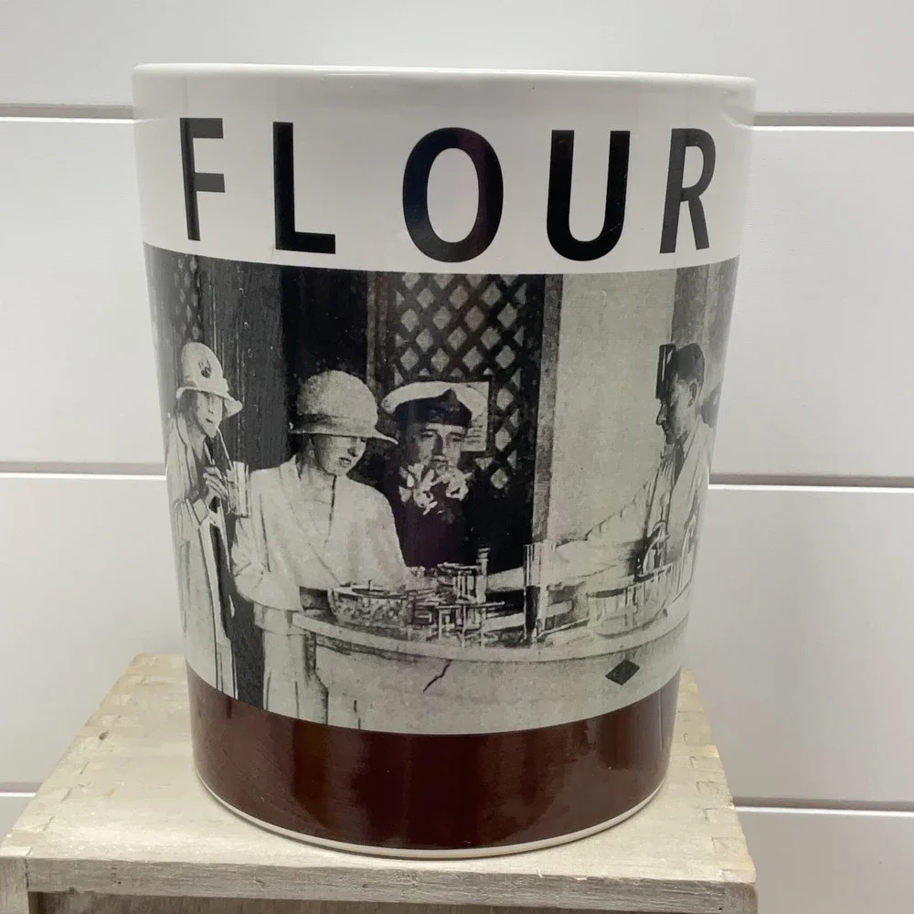 Tognana Italy Porcelain Flour Farine Canister Vintage Cafe Scene White Brown